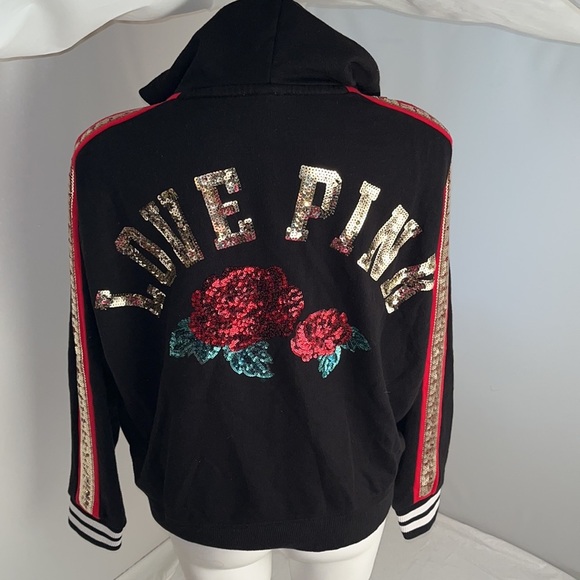 Victoria’s Secret Rose Bling black lace up sequin hoodie L - Picture 3 of 14